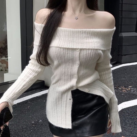 Off-Shoulder Cream Sweater - Picture 1 of 5